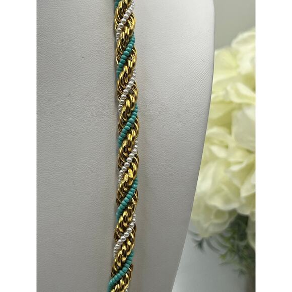 Kenneth Jay Lane KJL 1972 Rope Twisted 28” Vintage Blue White Gold Necklace - Picture 2 of 12